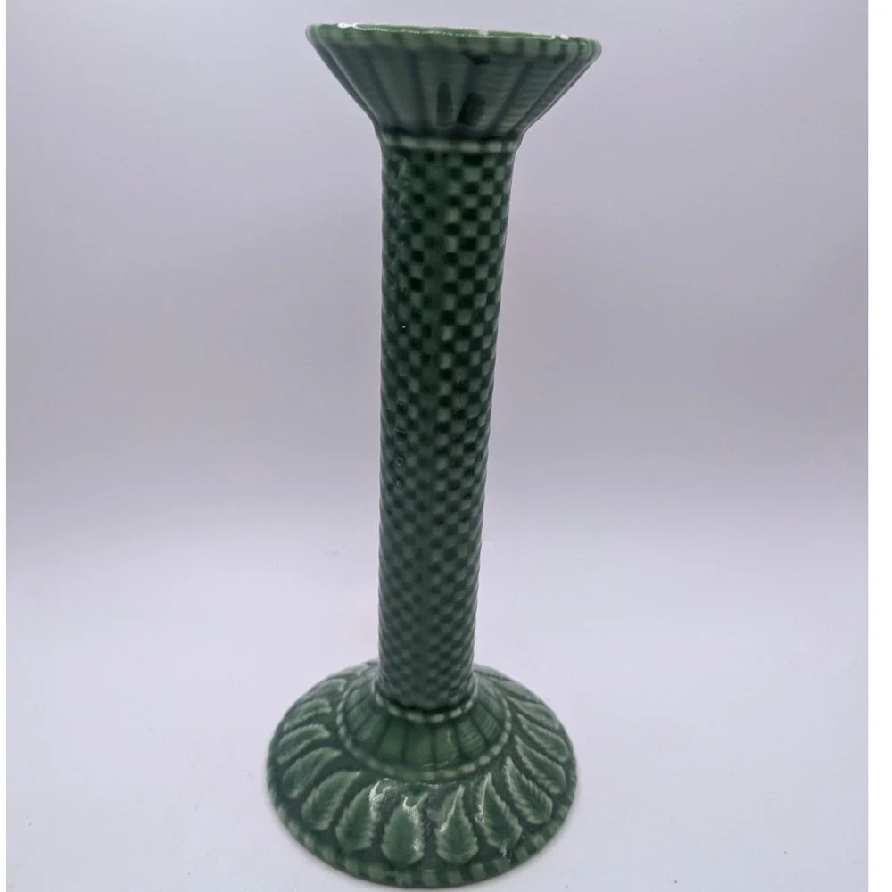 Vtg Pier 1 Imports Ceramic Candlestick Holder Green Check Leaf Plant Portugal 9